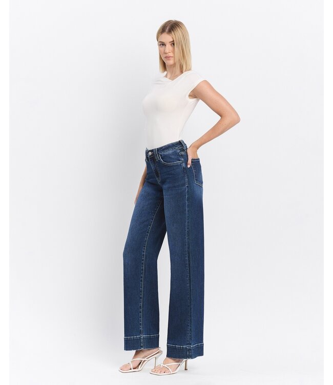 High Rise Dark Wash Trouser Hem Wide Jeans