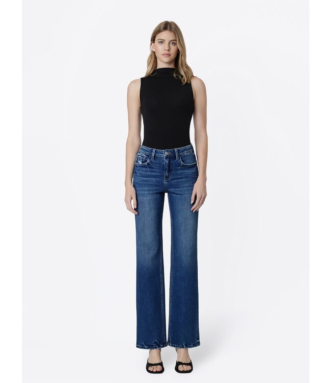 High Rise Full Length Dark Wash Slim Wide Jeans