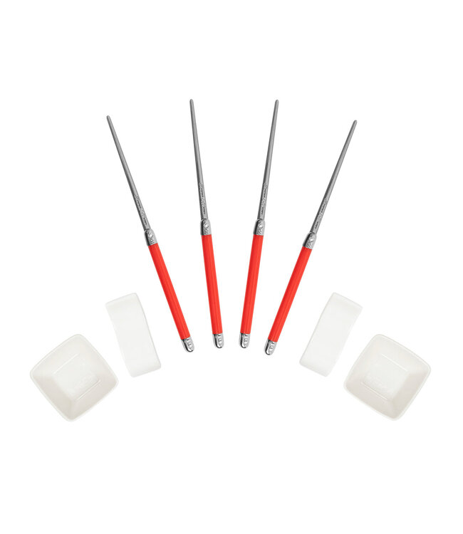 Red Chopsticks & Ceramic Rests with Sauce Bowls Set, 2 Pairs