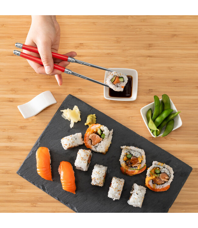 Red Chopsticks & Ceramic Rests with Sauce Bowls Set, 2 Pairs