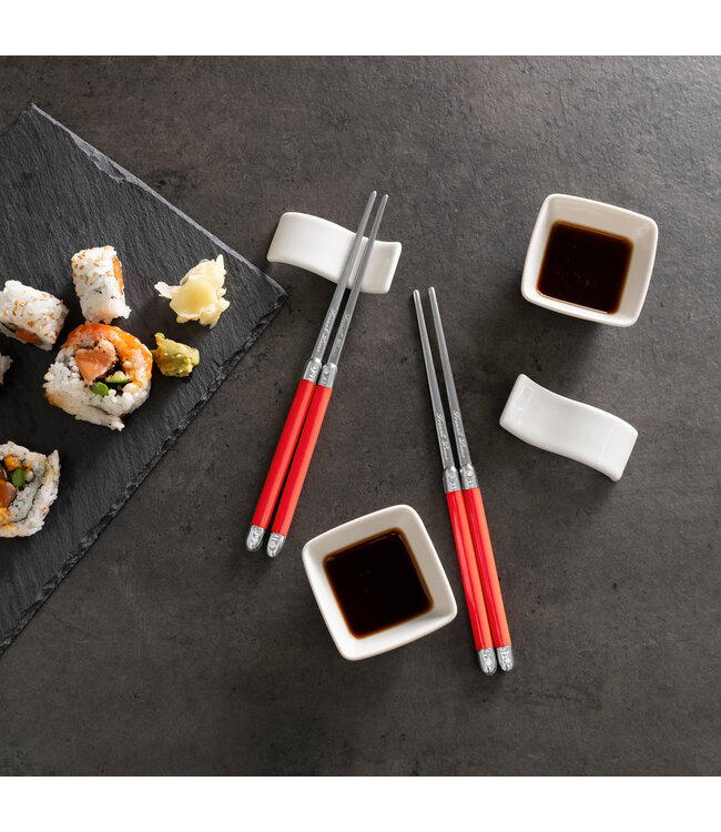 Red Chopsticks & Ceramic Rests with Sauce Bowls Set, 2 Pairs