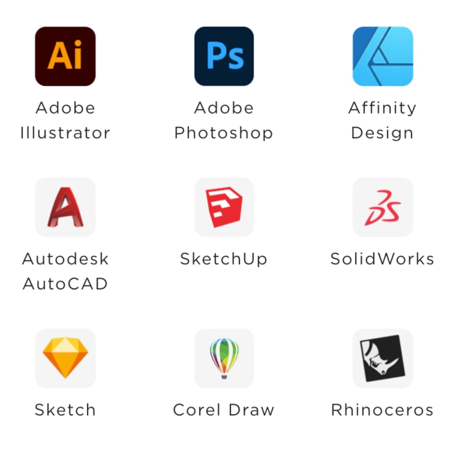 Icons and names of the supported softwares. From left to right and top to bottom: Adobe Illustrator, Adobe Photoshop, Affinity Design, Autodesk AutoCAD, SketchUp, SolidWorks, Sketch, Corel Draw, Rhinoceros.