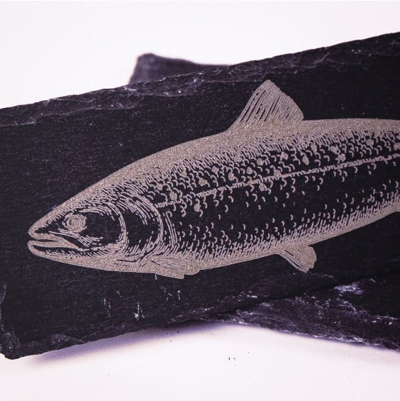 Fish engraved on slate by FLUX Beambox Pro.