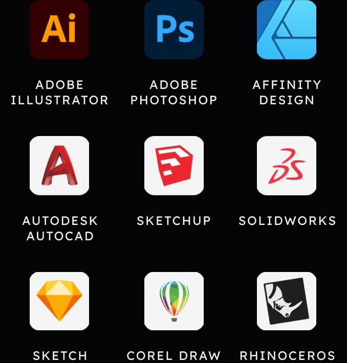 Grid of compatible software with Beam Studio: Adobe Illustrator, Adobe Photoshop, Affinity Design, Autodesk Autocat, SketchUp, Solidworks, Sketch, Corel Draw, Rhinoceros