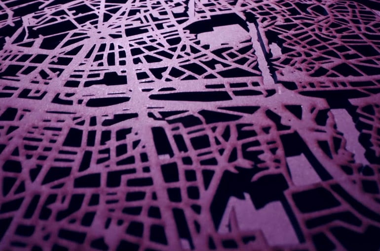 Detail of an intricate street map cut using the focus lens add-on and FLUX HEXA