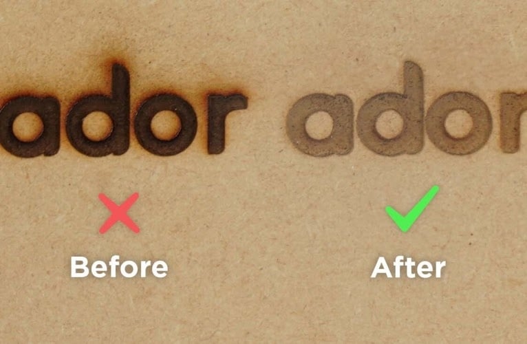 Before and after comparison of an engraved FLUX Ador logo on wood. Left has burn marks using no air assist, right looks clean using air assist.