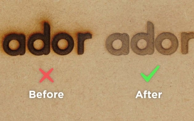 Before and after comparison of an engraved FLUX Ador logo on wood. Left has burn marks using no air assist, right looks clean using air assist.