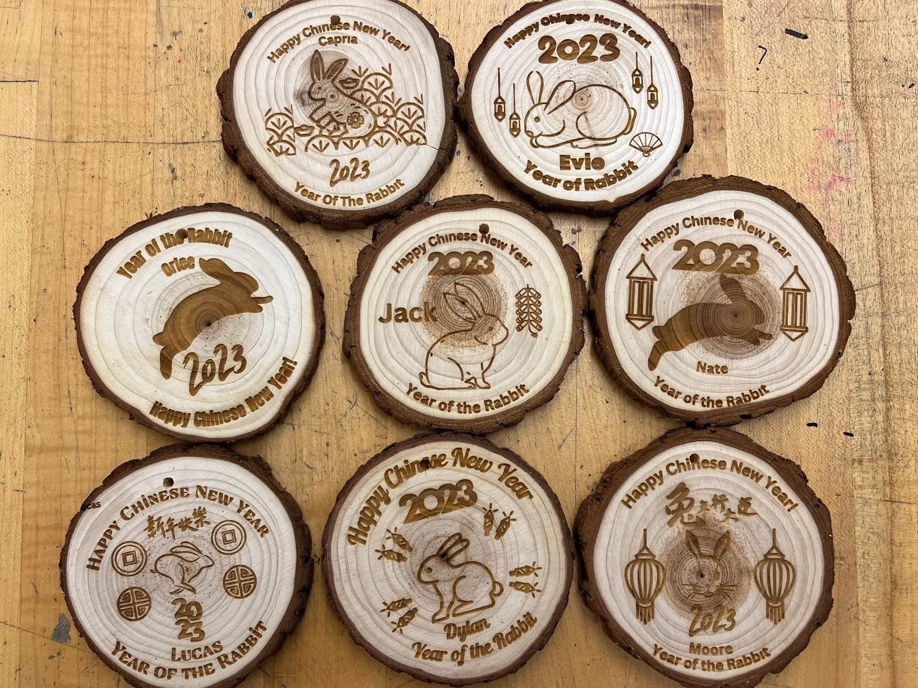 Wooden badges for Chinese New Year made with a laser engraver