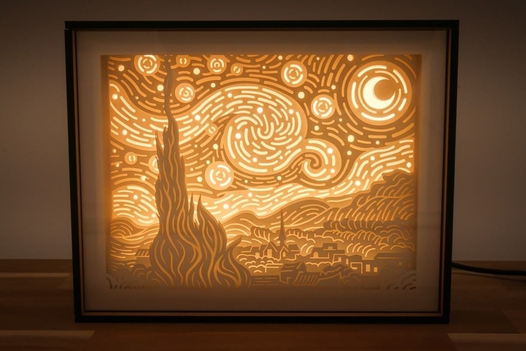 Van Gogh's starry night painting, cut and engraved with a FLUX laser cutter