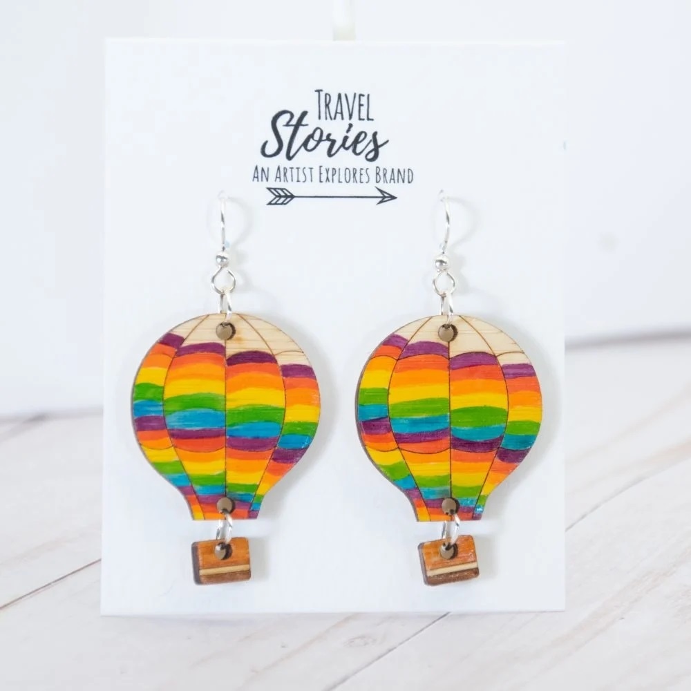 Wooden hot air balloon earrings made with a FLUX laser cutter