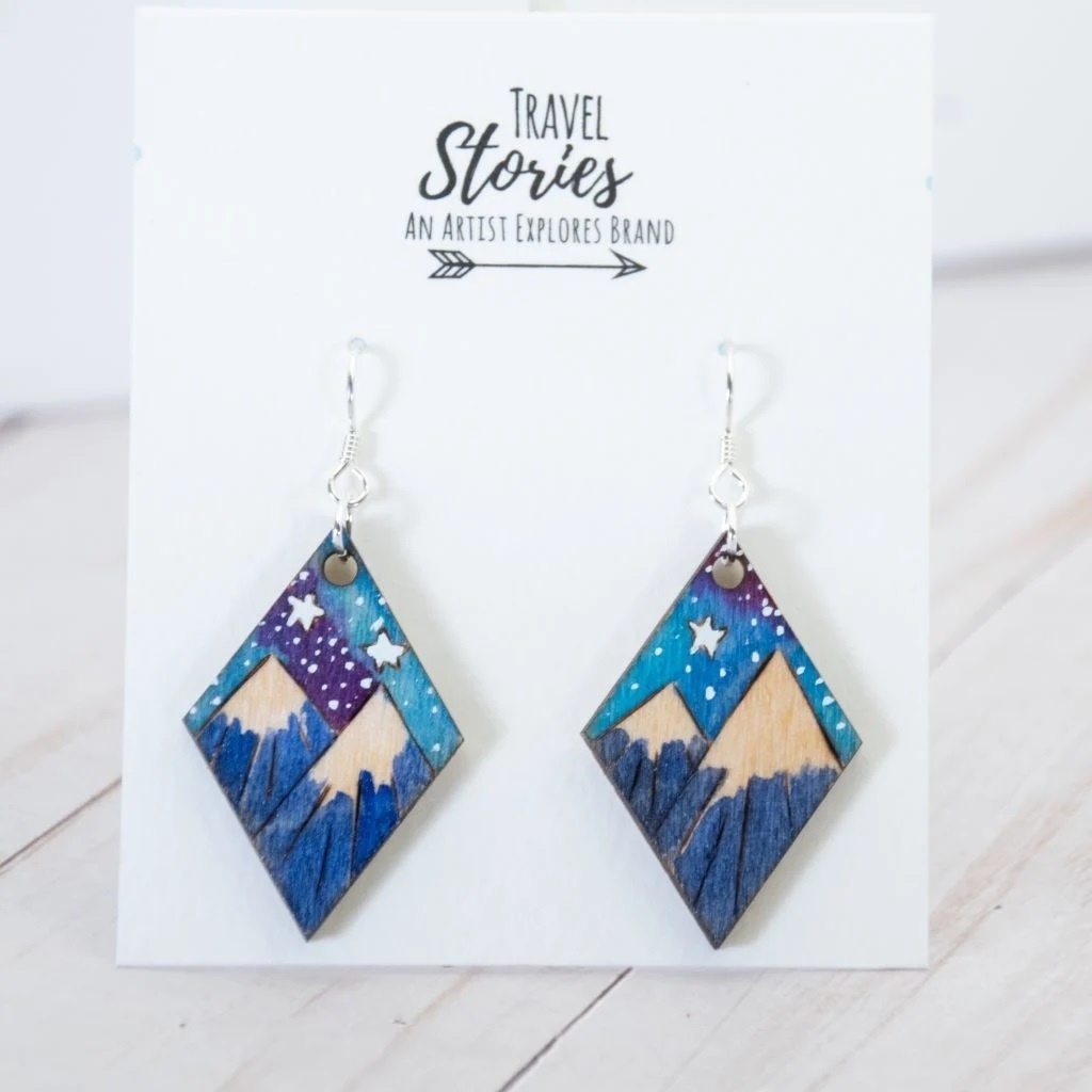 Wooden mountain earrings made with a FLUX laser cutter