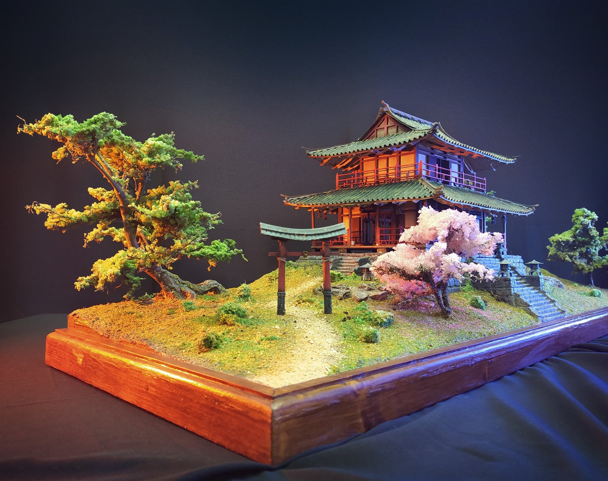 A miniature diorama of a Japanese dojo made with a laser cutter