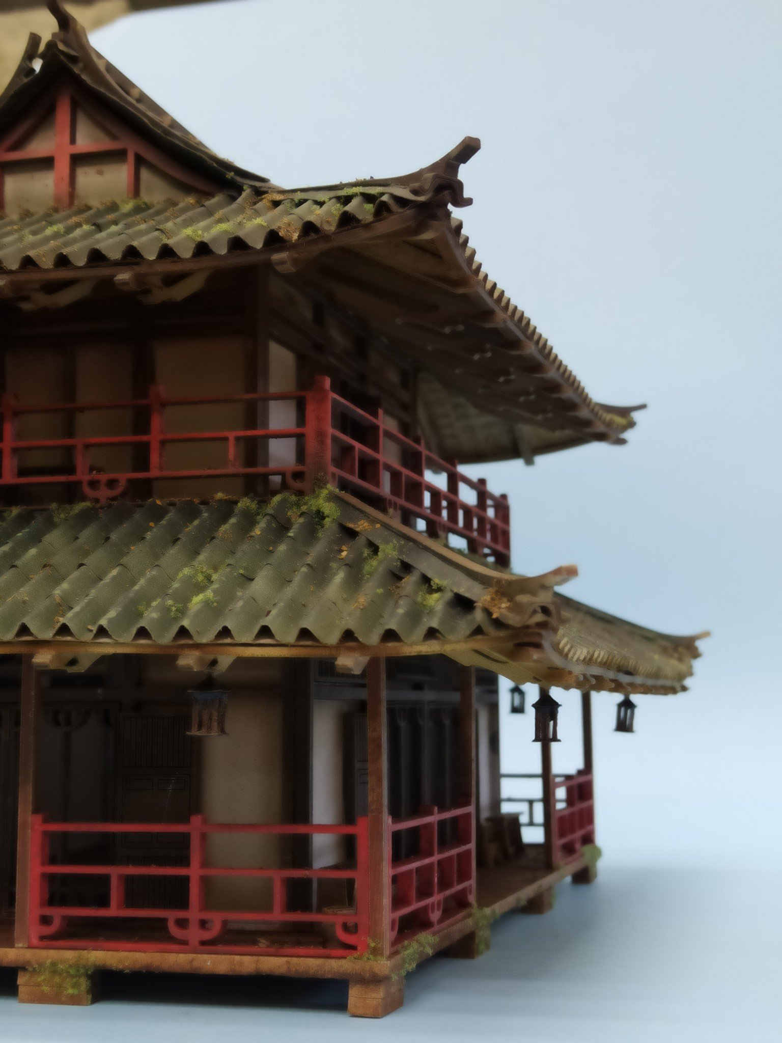 Fine details on a miniature of a Japanese temple made with a laser cutter