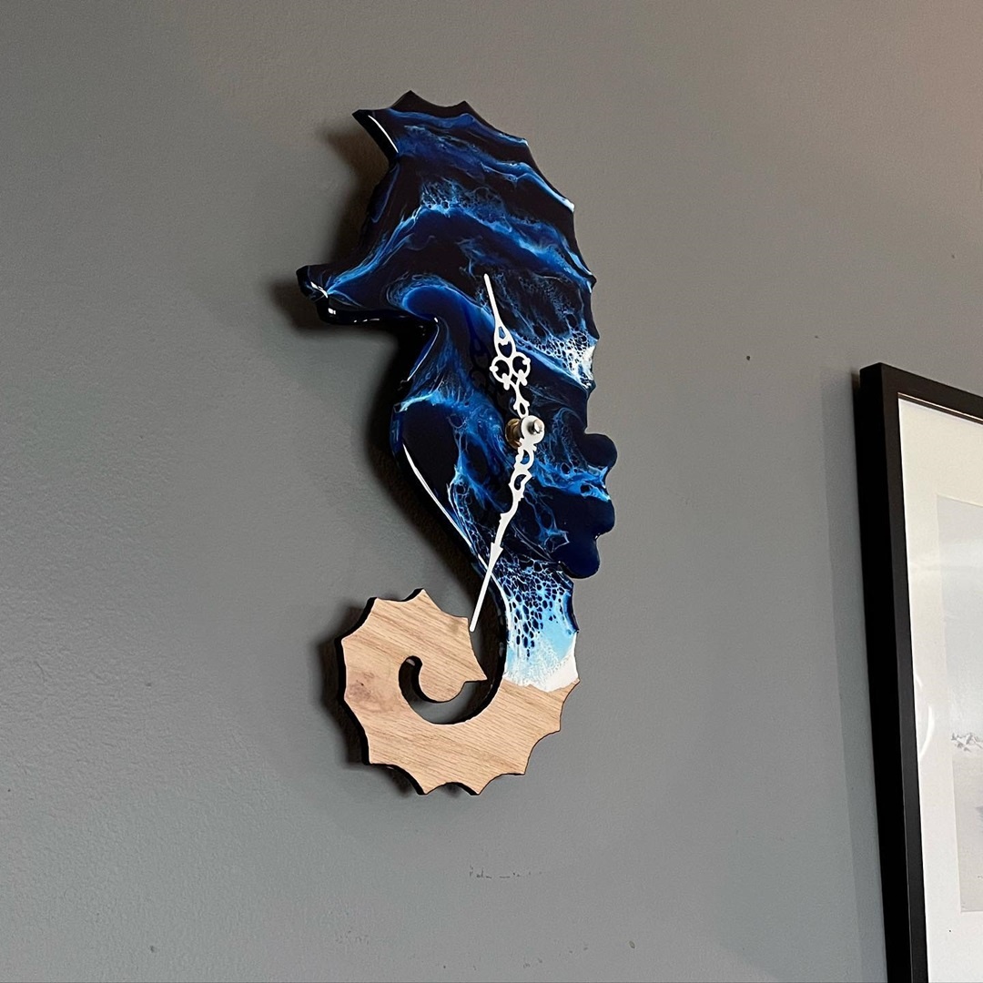 A wood and resin clock in the shape of a seahorse