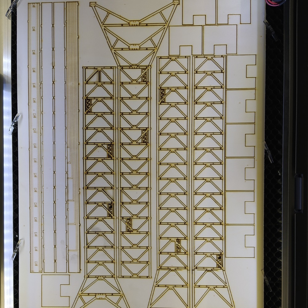 The various parts of the launch tower were cut out with a laser cutter