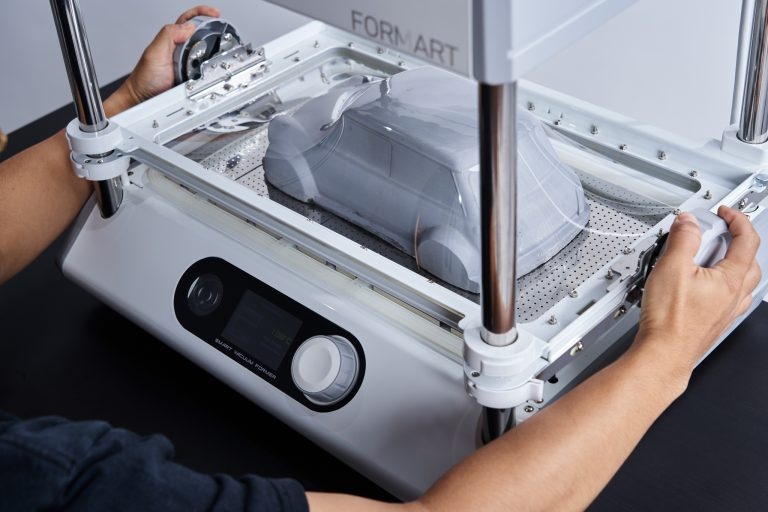 MY YARD FORMART desktop vacuum former creates a vacuum around the mold and pulls the heated PET sheet in, forming a shell around the mold