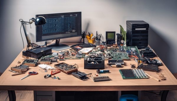 A photo of a messy work area covered in parts and tools