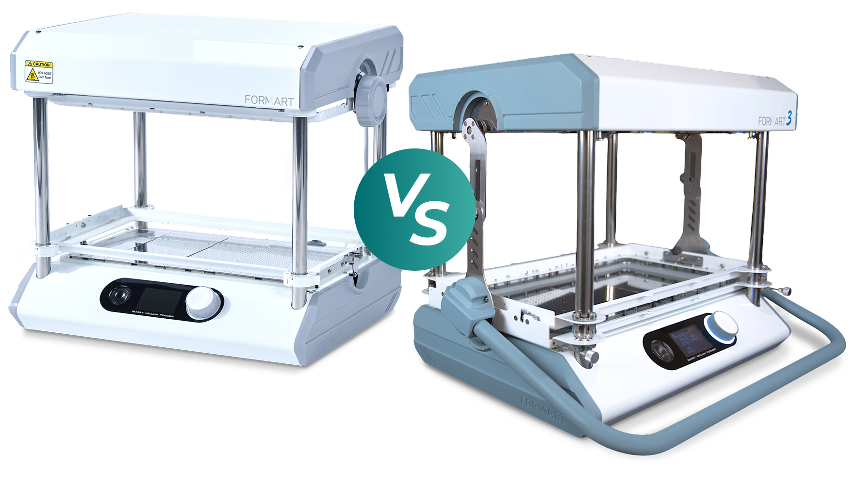 FORMART 2 VS FORMART 3. The two vacuum formers are placed next to each other.
