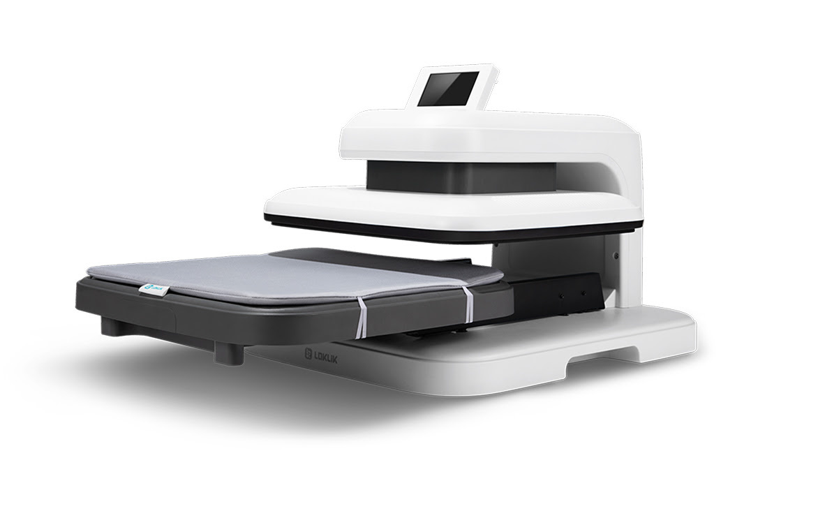 LOKLiK ImPress™ Auto 2-Smart in Daisy White. The ironing board has been pulled out showing the ironing mat.