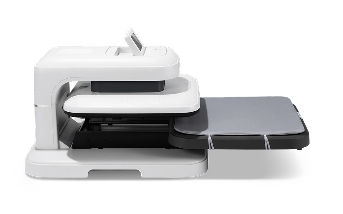 LOKLiK ImPress™ Auto 2-Smart in Daisy White seen from the side. The ironing board has been pulled out showing the ironing mat.