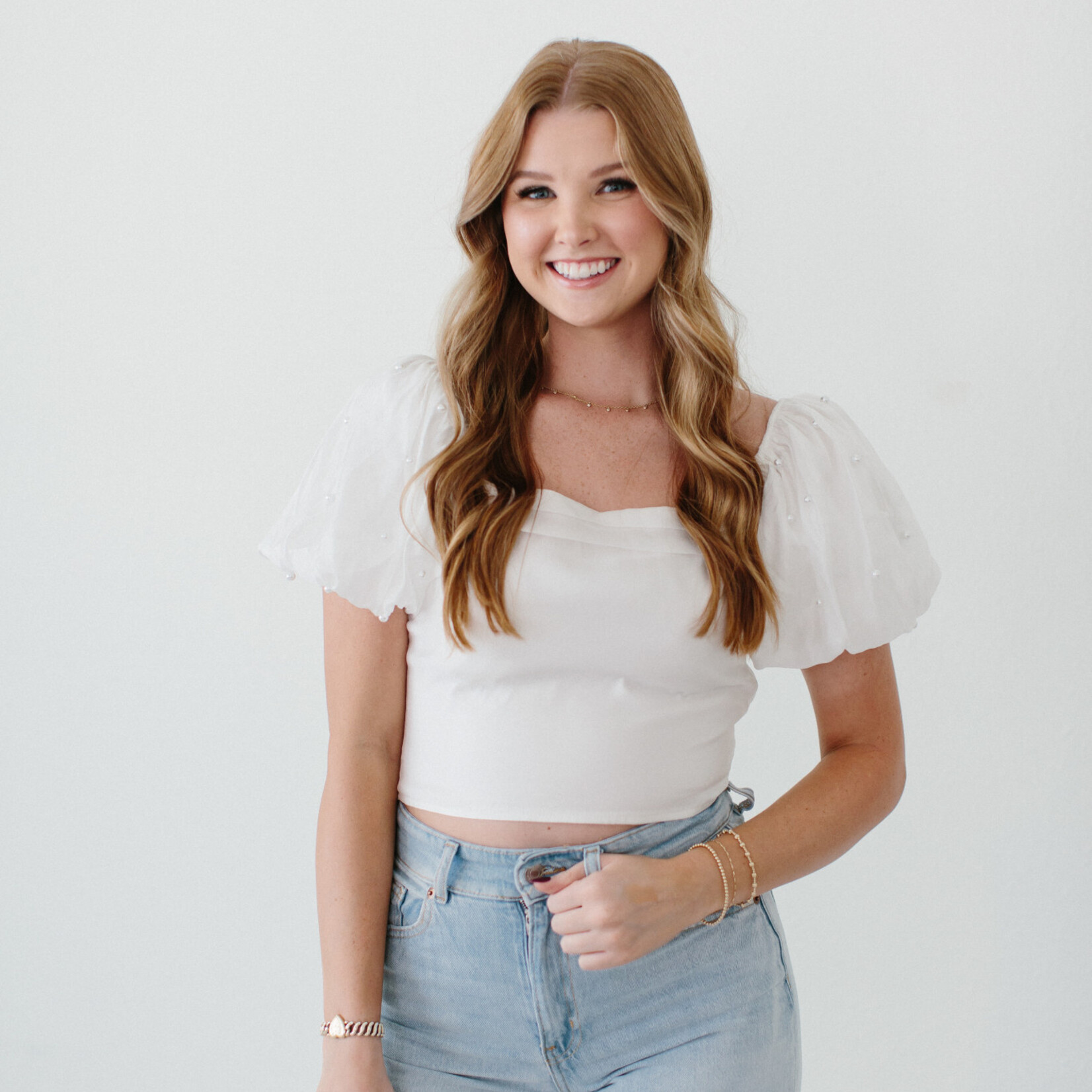 Lena Pearl Crop Puff Sleeve Top