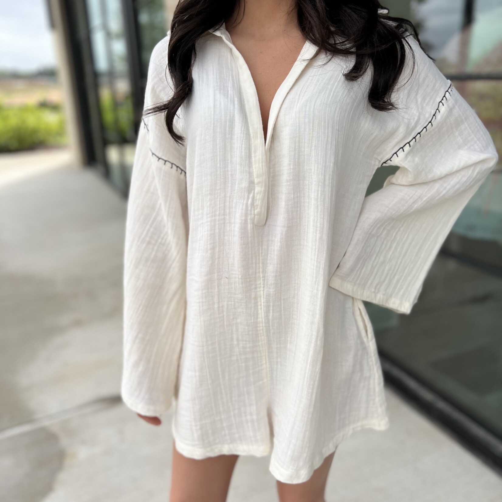 elan Linen Contrast Stitch Long-Sleeve Romper