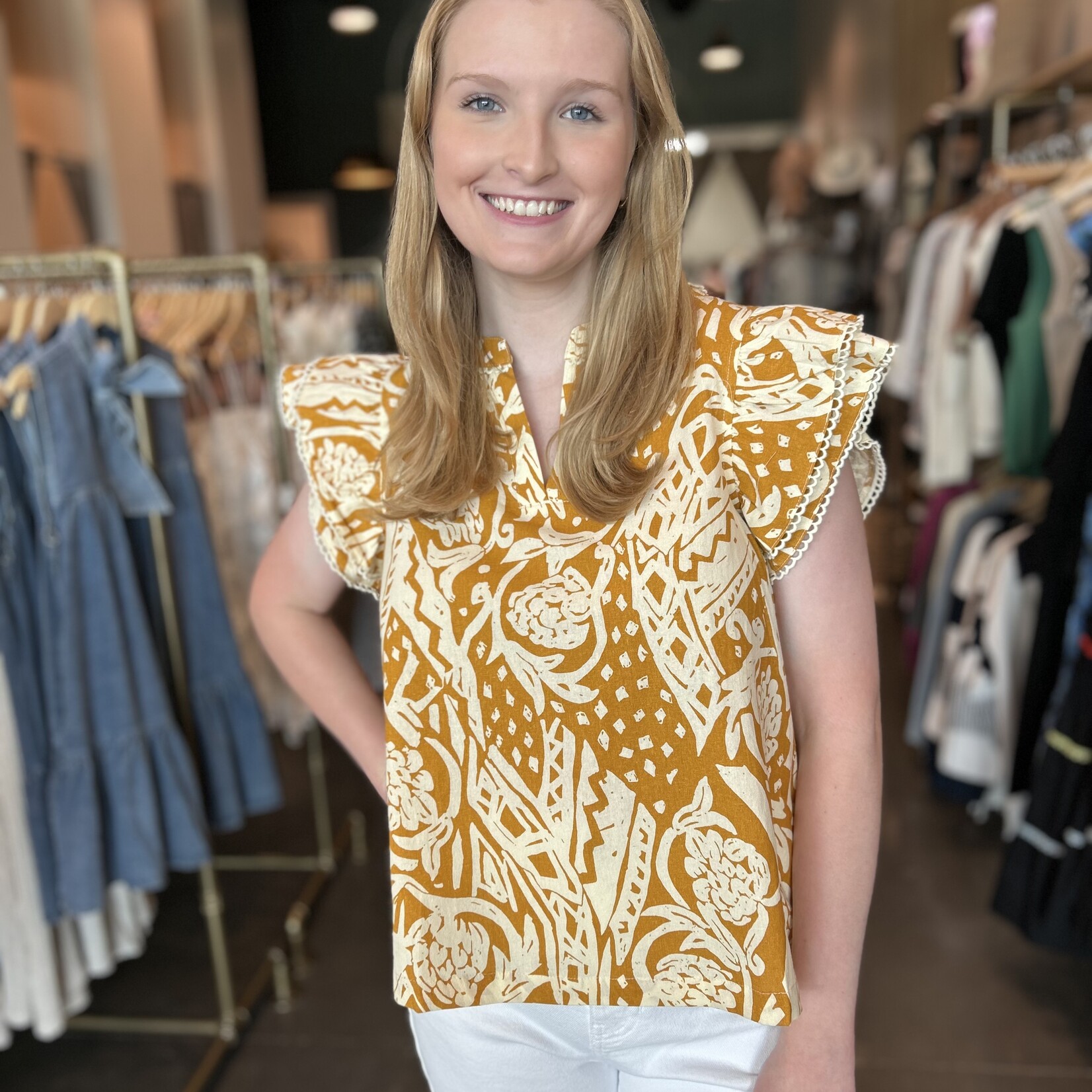 Printed  Ruffle Sleeve Tunic Top