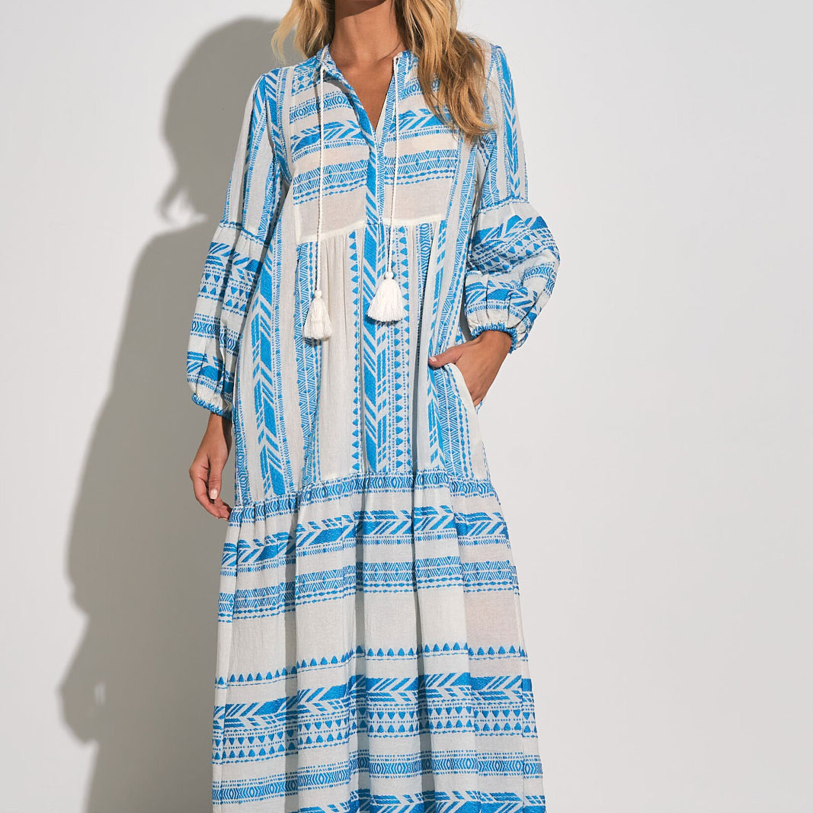 elan Long Sleeve Linen Stitch Print Maxi