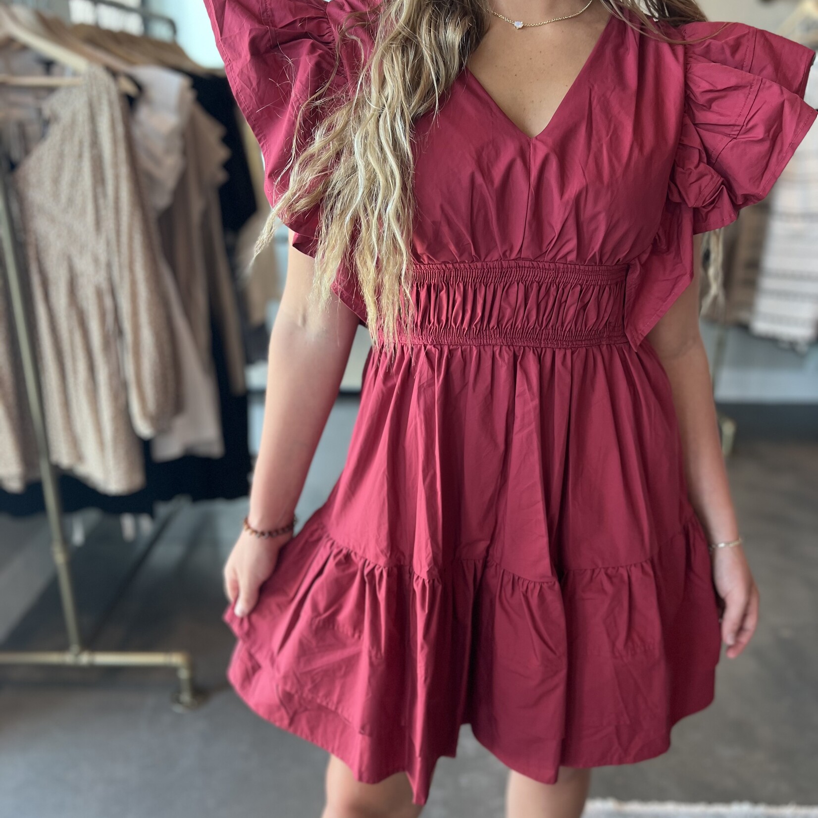 tcec V- Neck Ruffled Smock Waist Dress