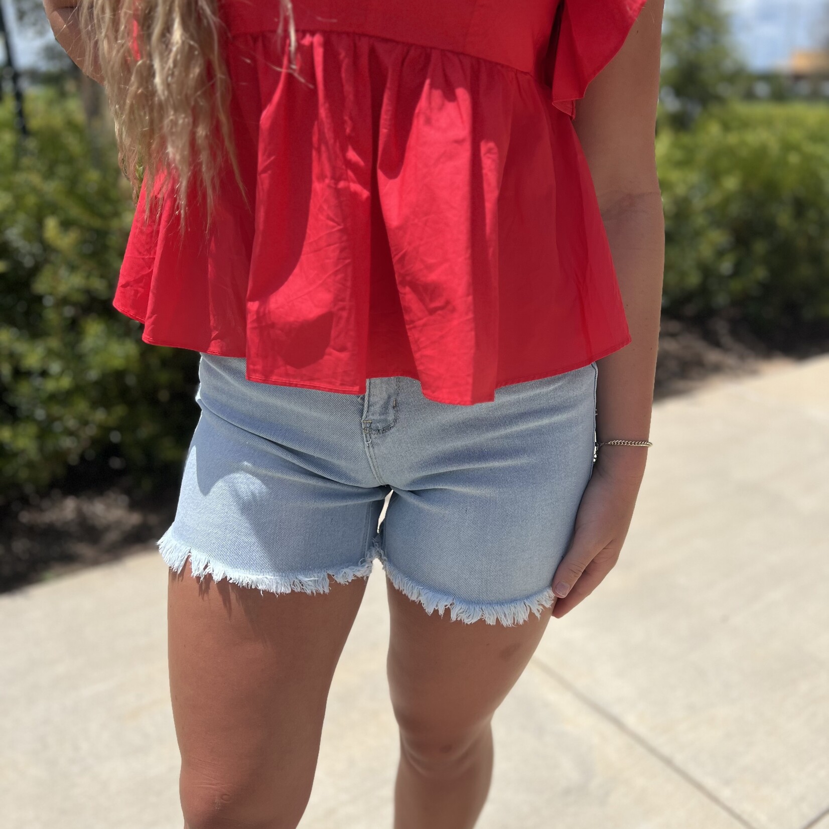 ymi Denim High Rise Frayed Hem Shorts