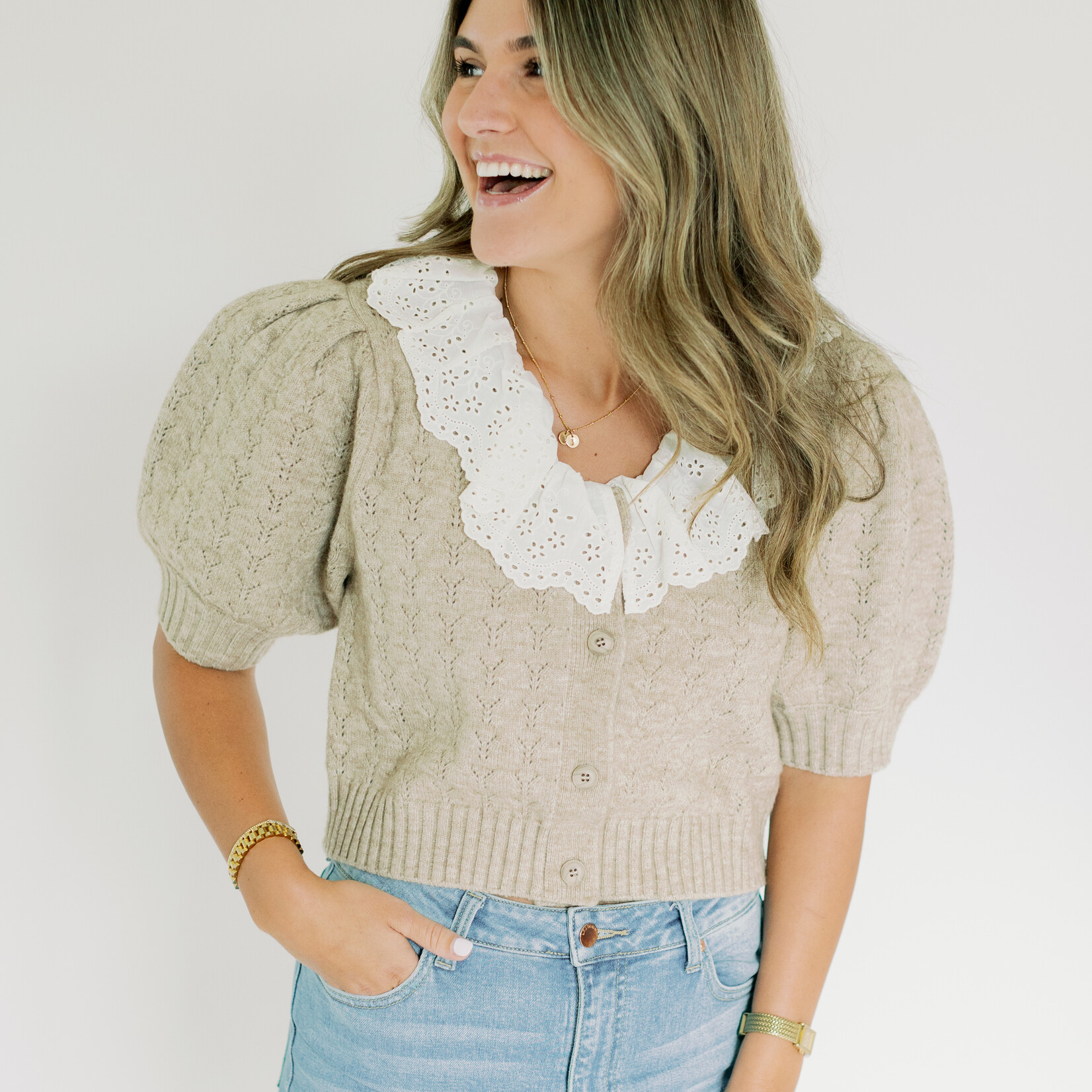 Lace Collar Short Sleeve Sweater Cardigan