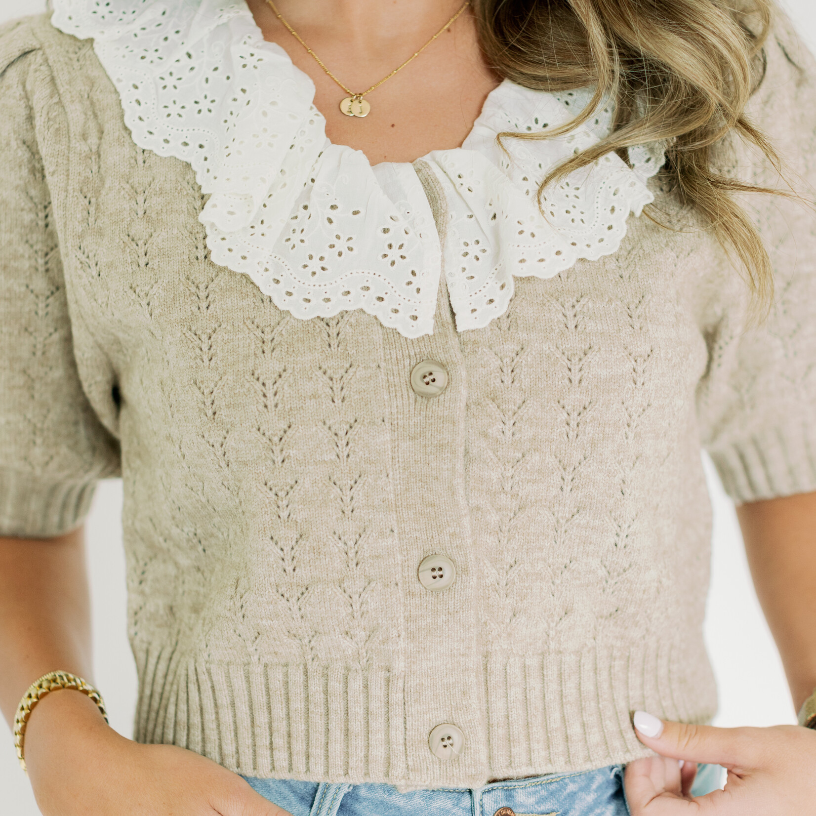 Lace Collar Short Sleeve Sweater Cardigan