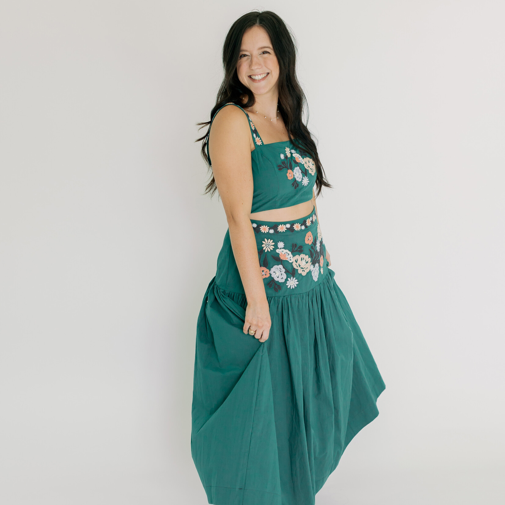 Embroidered Crop Top & Midi Skirt Set