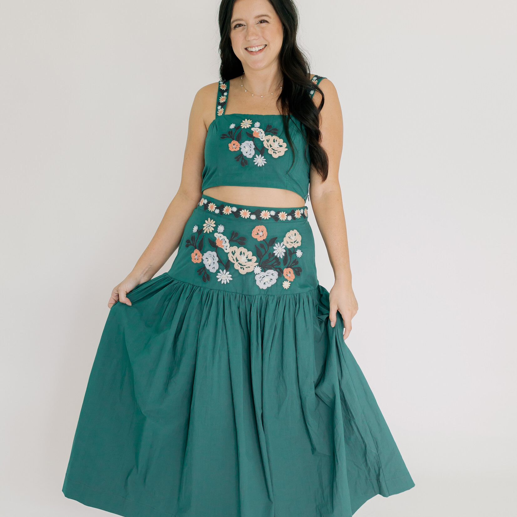 Embroidered Crop Top & Midi Skirt Set