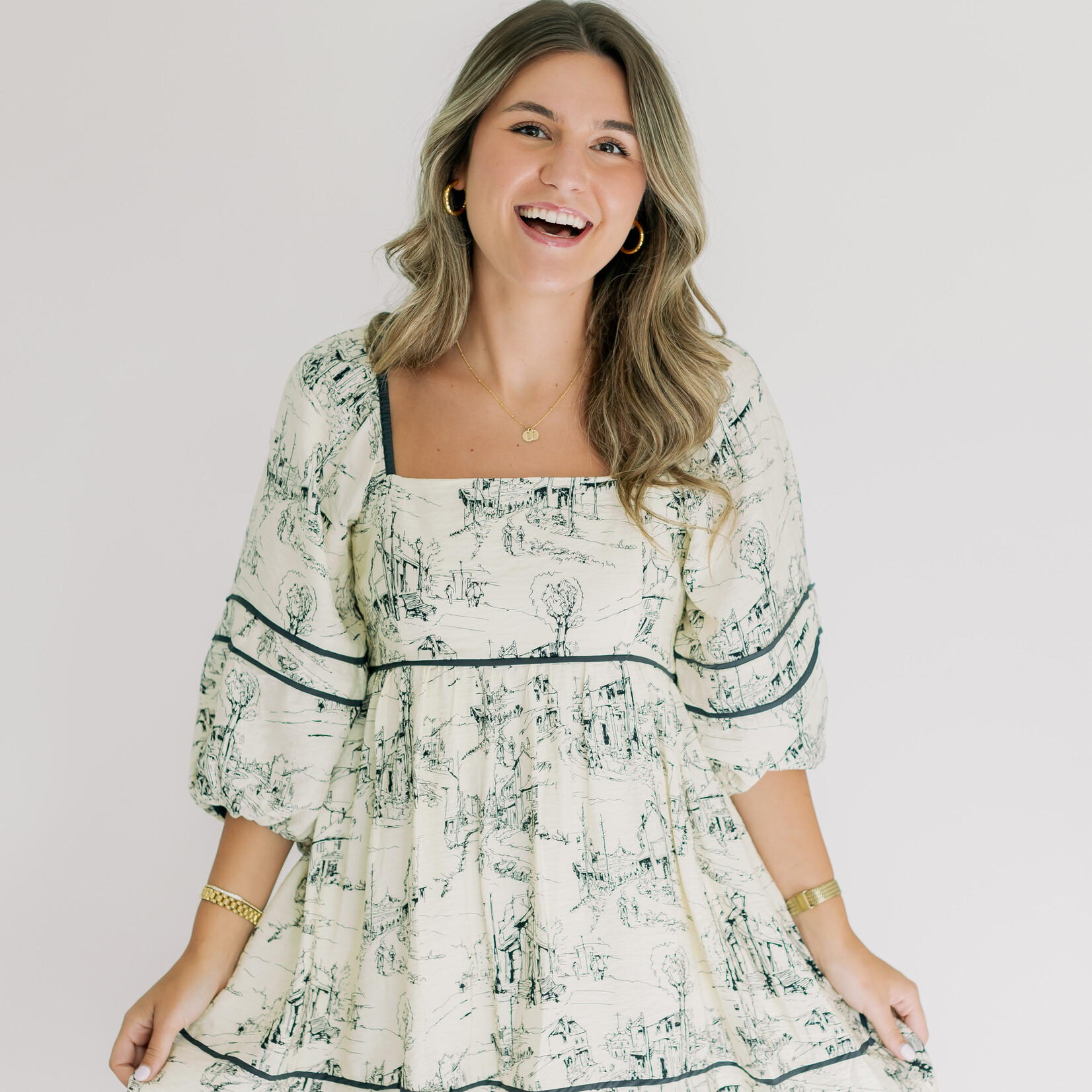 entro Toile Print 3/4th Sleeve Babydoll Dress