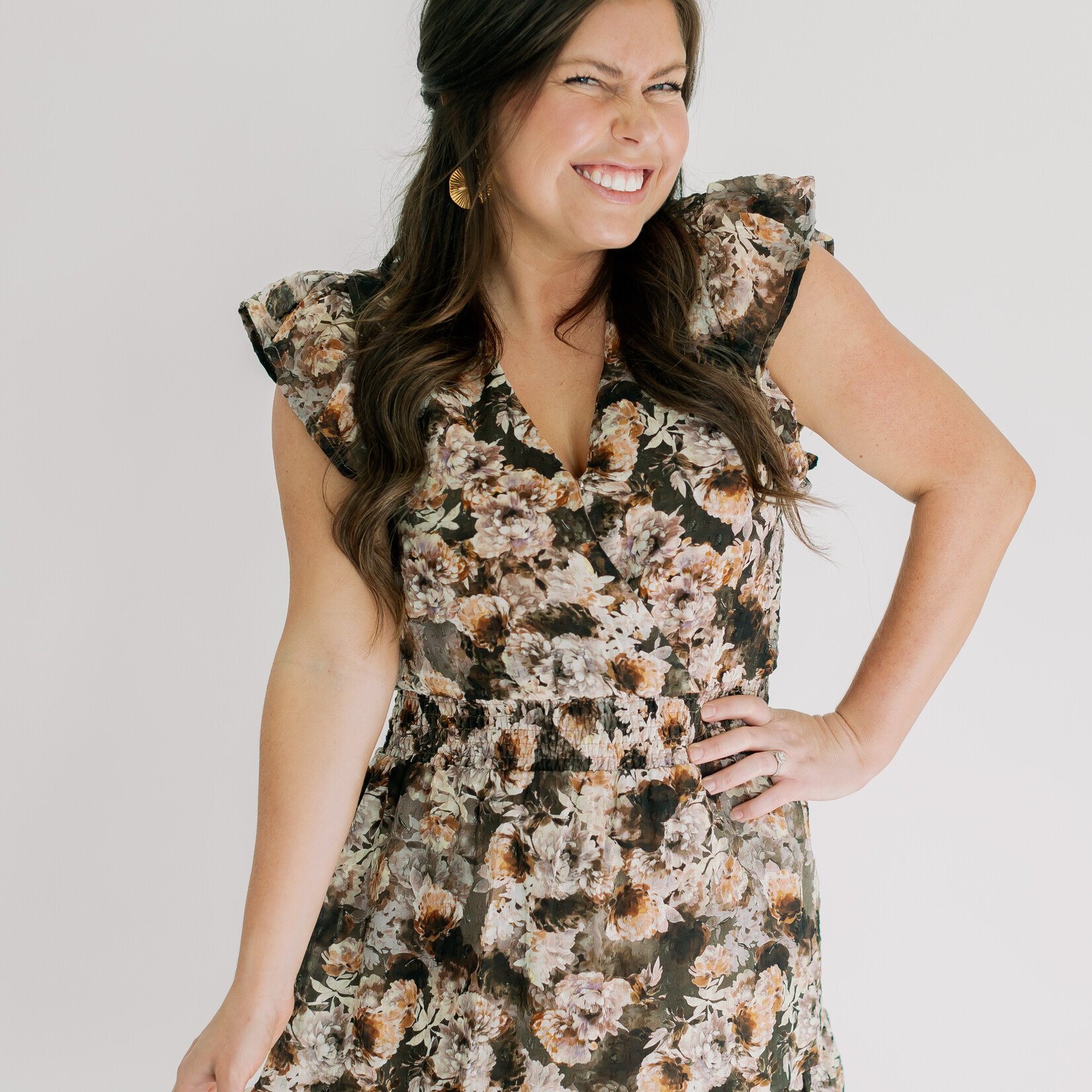 entro Cinched Waist Flutter Sleeve Floral Mini Dress