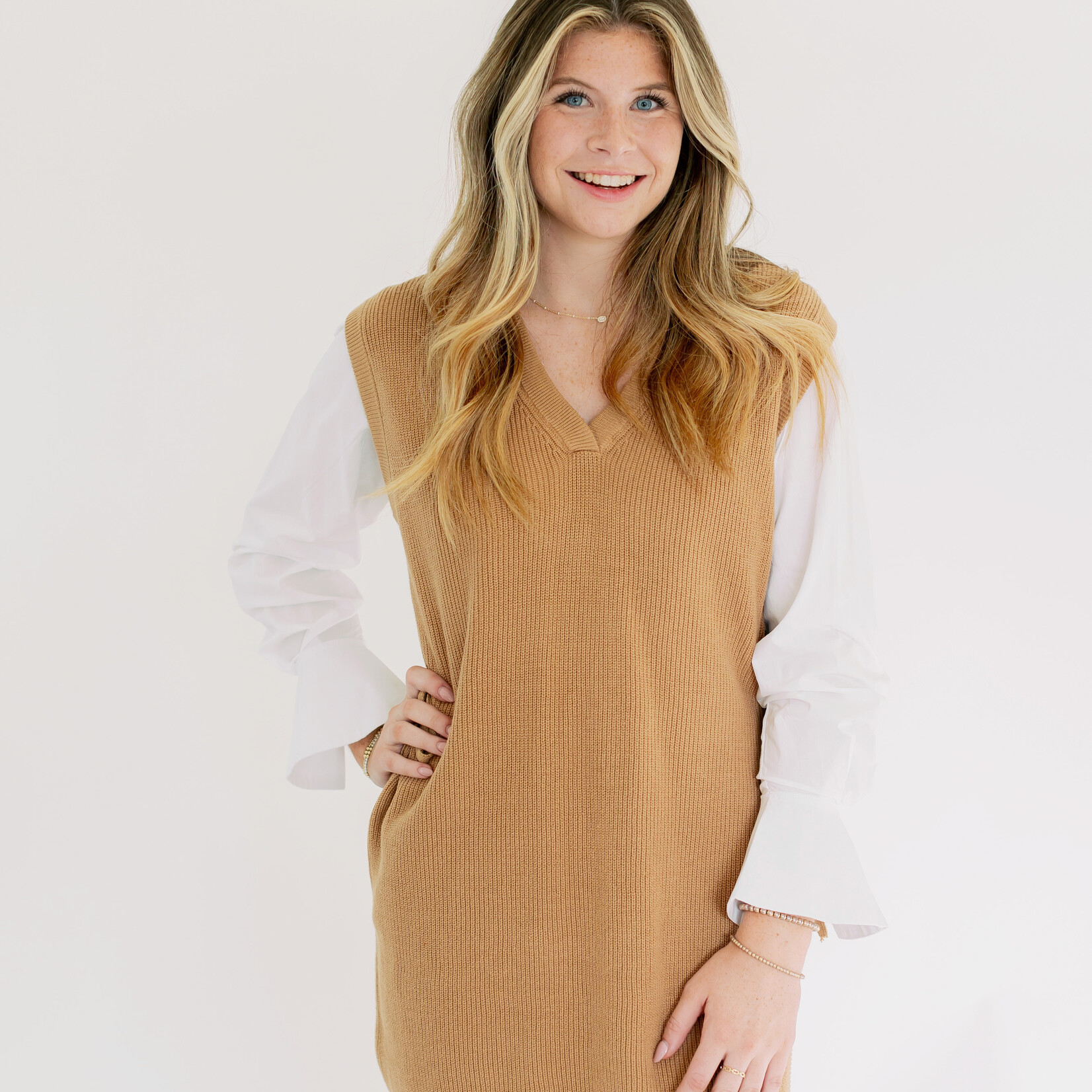 entro Sweater Dress Over Collared Button Up