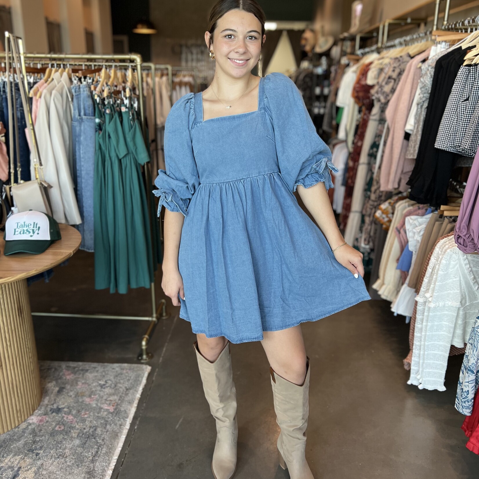 entro 3/4 Sleeve Denim Babydoll Mini Dress