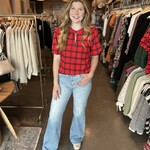High Neck Puff Sleeve Plaid Top