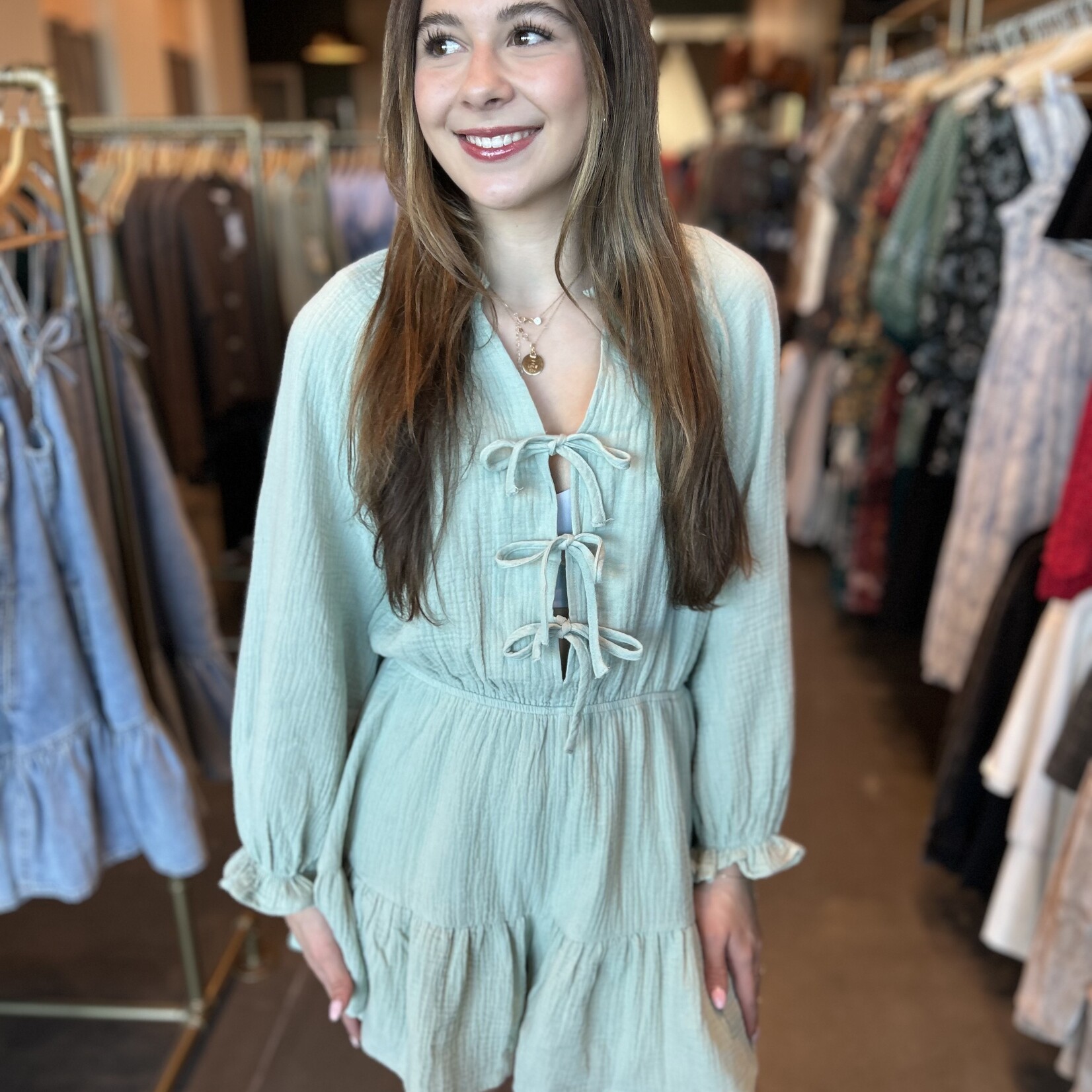 entro Tie Front Long Sleeve Mini Dress