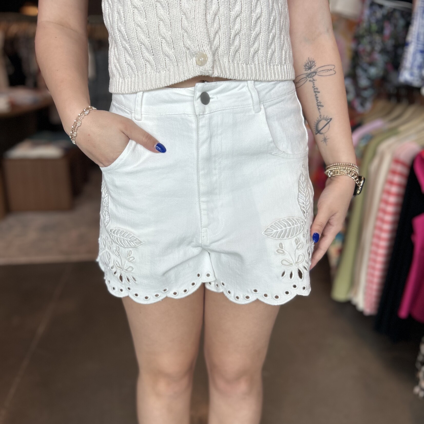 lalavon Embroidered Hem Denim Shorts