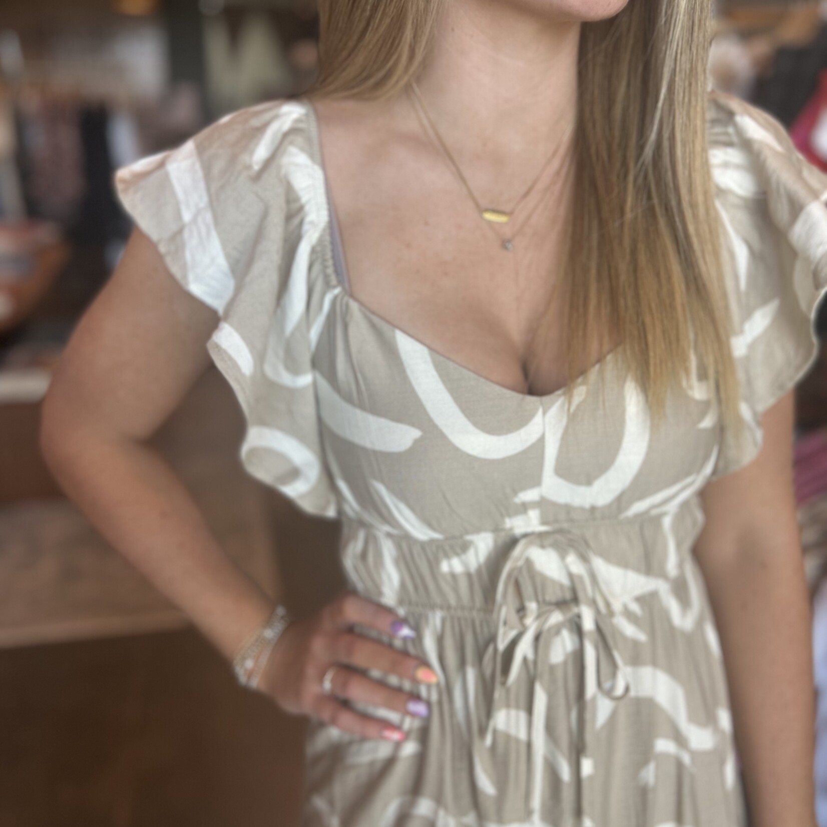 Line Print Flutter Sleeve Midi Dress