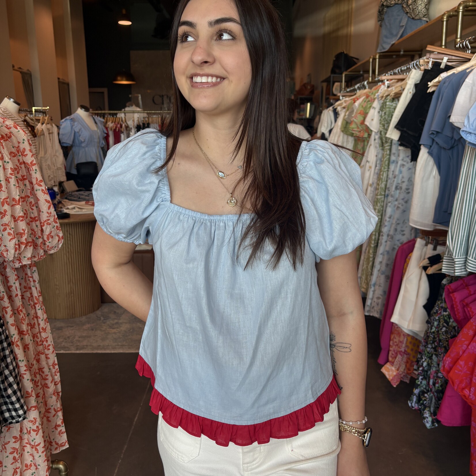 Things between Contrast Puff Sleeve Linen Top