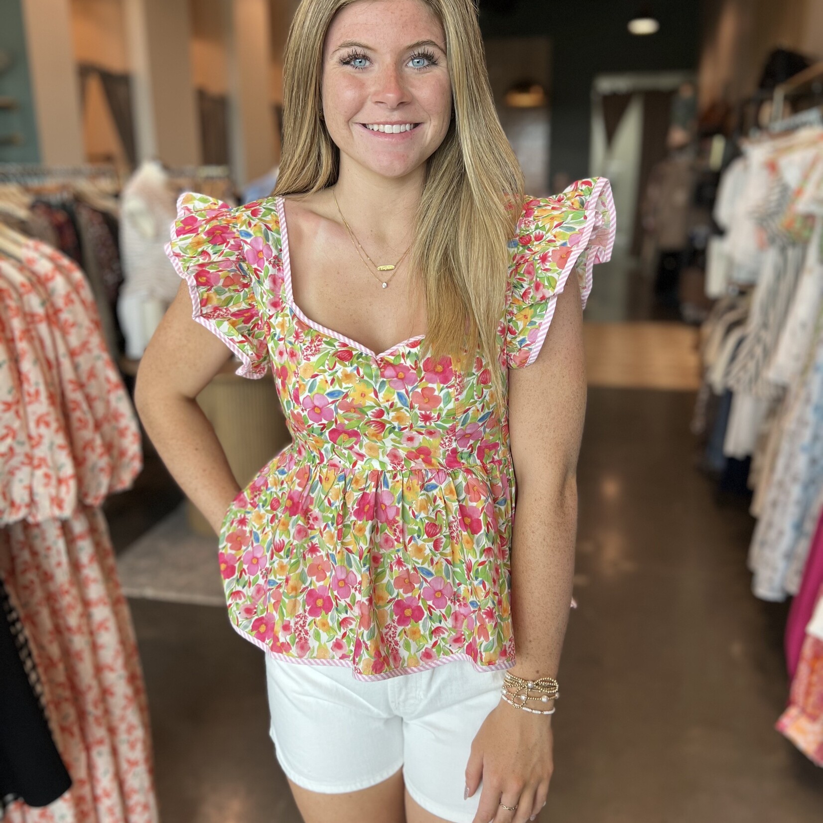 umgee Flutter Sleeve Floral Print Top