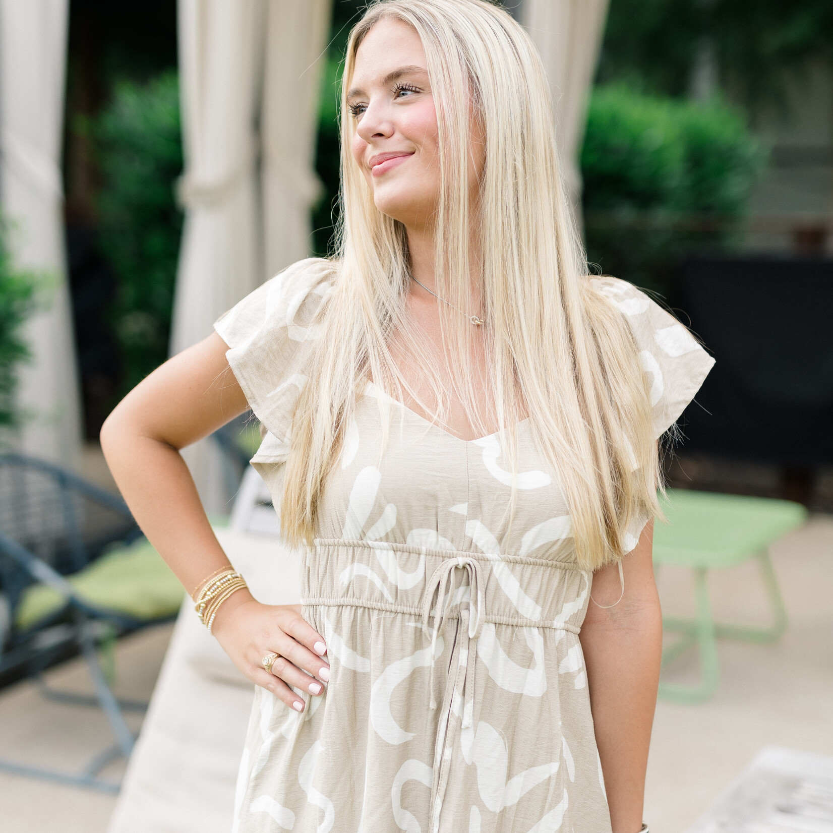 Line Print Flutter Sleeve Midi Dress