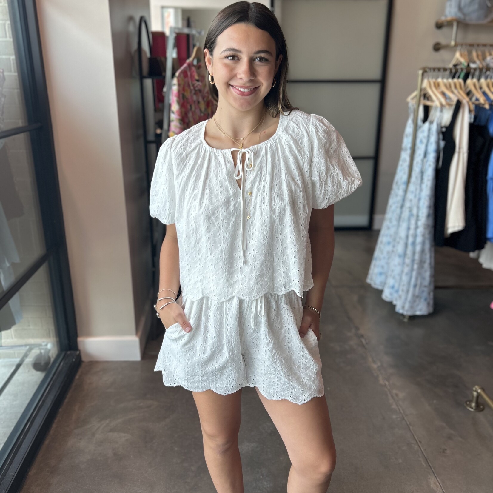 Eyelet Short Sleeve Top and Shorts Set