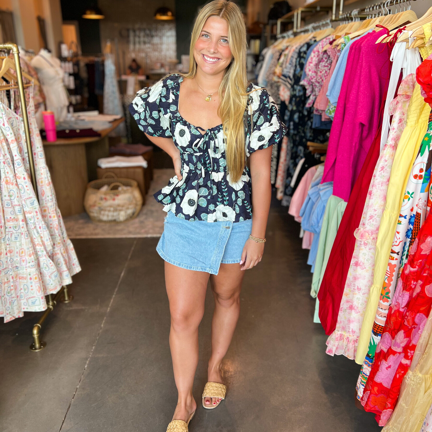 entro Puff Sleeve Floral Print Tie Blouse