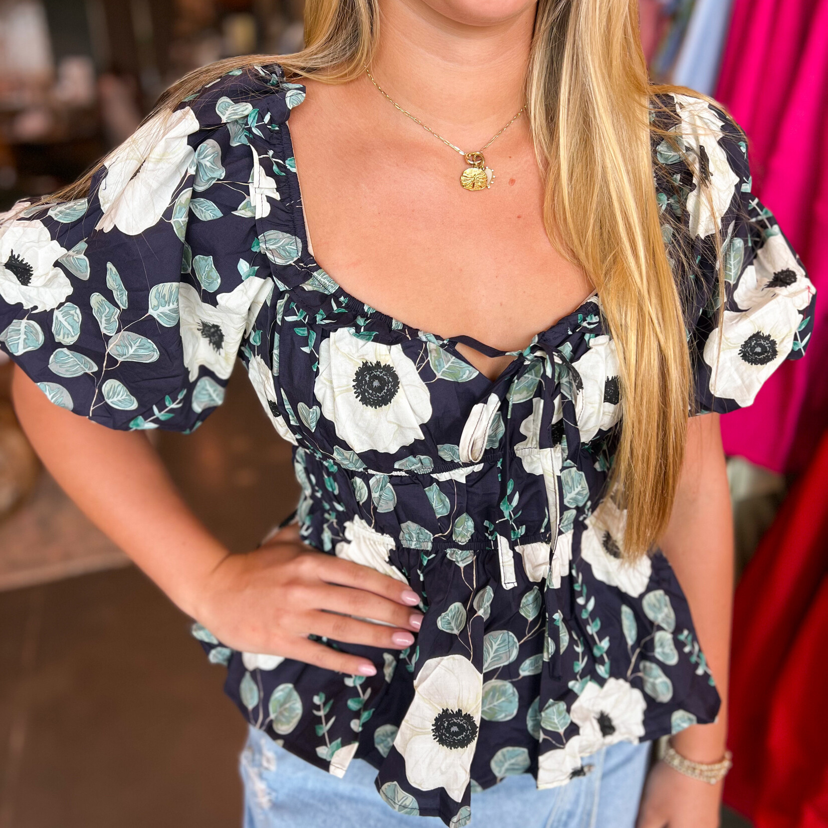 entro Puff Sleeve Floral Print Tie Blouse