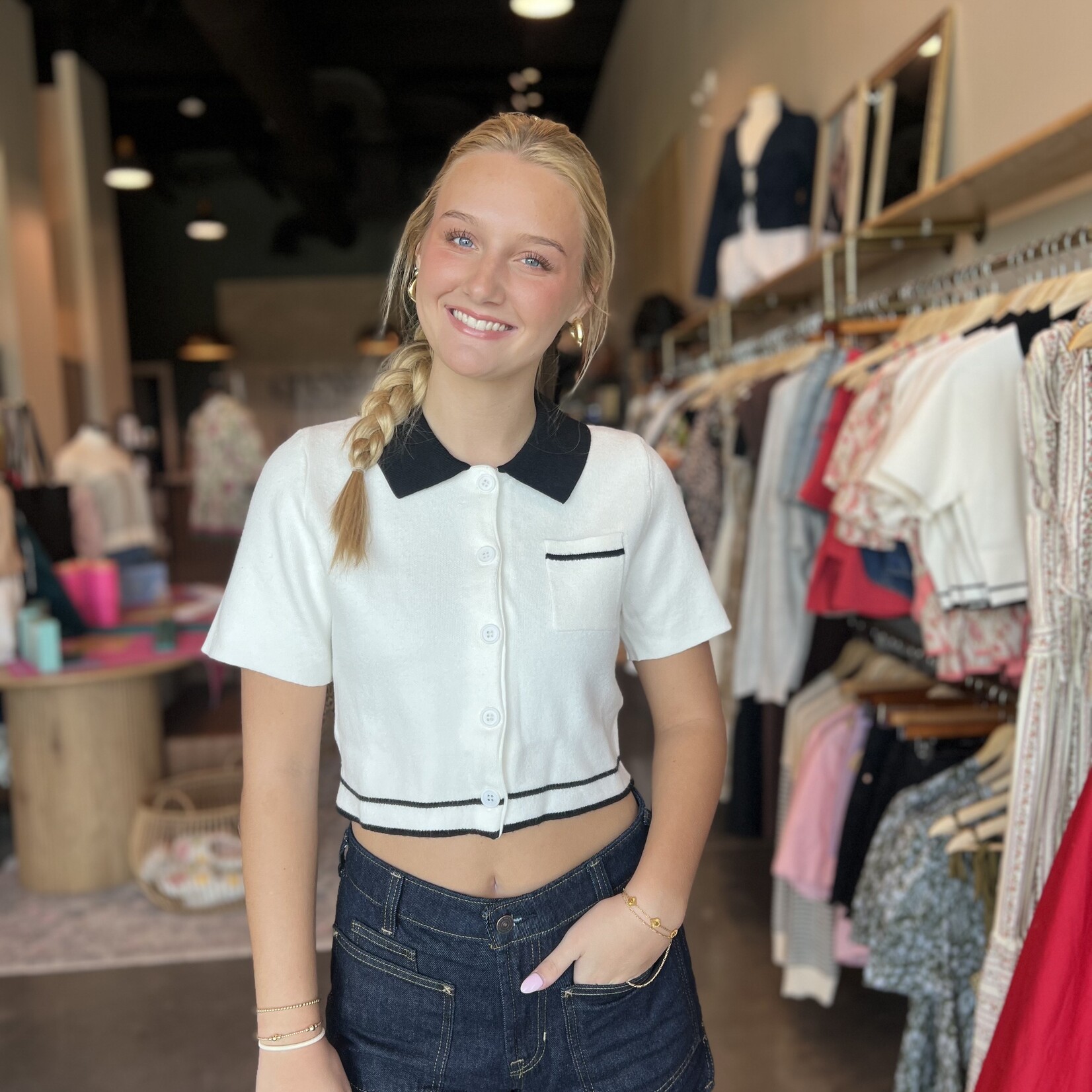 Crop Knit Contrast Collar Top