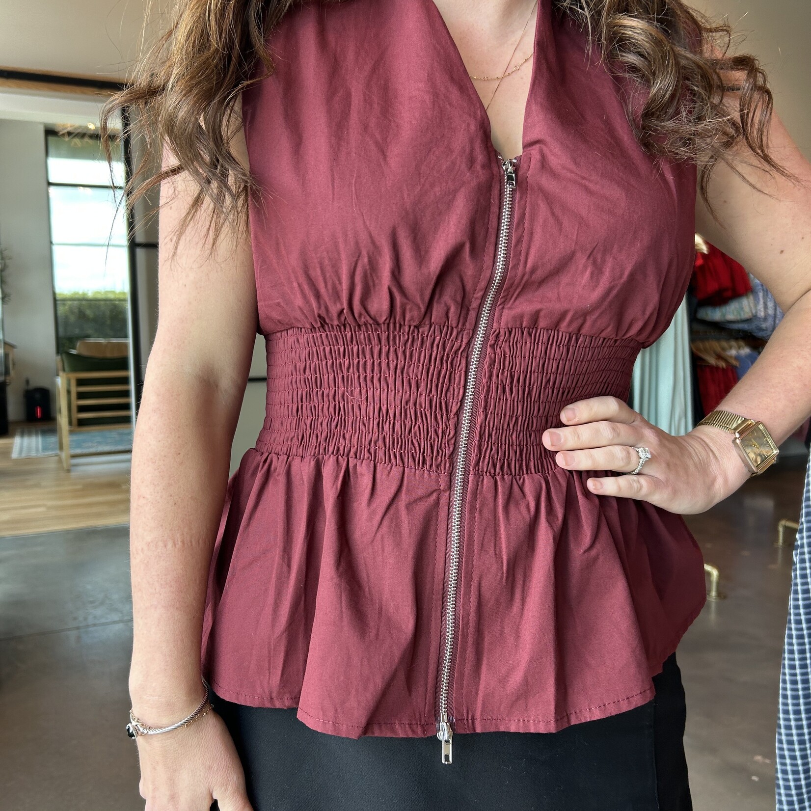 tcec Smocked Waist Zipper Detail Top